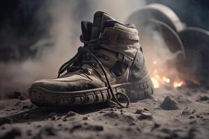 close up Illustration of a military man walking on an empty destroyed environment. Destruction, war scene. Smoke and fog. Sad combat feeling. photo