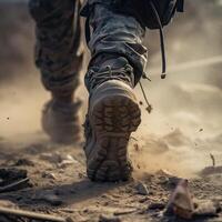 close up Illustration of a military man walking on an empty destroyed environment. Destruction, war scene. Smoke and fog. Sad combat feeling. photo