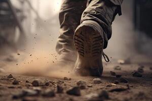 close up Illustration of a military man walking on an empty destroyed environment. Destruction, war scene. Smoke and fog. Sad combat feeling. photo