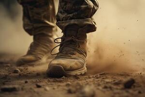 close up Illustration of a military man walking on an empty destroyed environment. Destruction, war scene. Smoke and fog. Sad combat feeling. photo