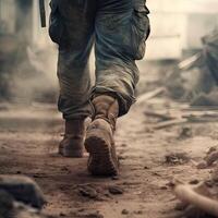 close up Illustration of a military man walking on an empty destroyed environment. Destruction, war scene. Smoke and fog. Sad combat feeling. photo