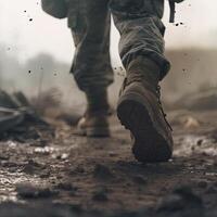 cerca arriba ilustración de un militar hombre caminando en un vacío destruido ambiente. destrucción, guerra escena. fumar y niebla. triste combate sentimiento. generativo ai foto