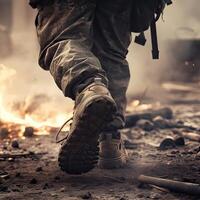 close up Illustration of a military man walking on an empty destroyed environment. Destruction, war scene. Smoke and fog. Sad combat feeling. photo