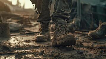 close up Illustration of a military man walking on an empty destroyed environment. Destruction, war scene. Smoke and fog. Sad combat feeling. photo