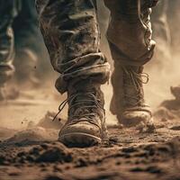 close up Illustration of a military man walking on an empty destroyed environment. Destruction, war scene. Smoke and fog. Sad combat feeling. photo