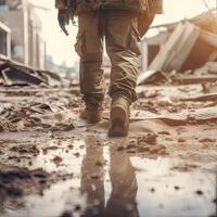 close up Illustration of a military man walking on an empty destroyed environment. Destruction, war scene. Smoke and fog. Sad combat feeling. photo