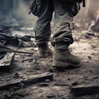 close up Illustration of a military man walking on an empty destroyed environment. Destruction, war scene. Smoke and fog. Sad combat feeling. photo