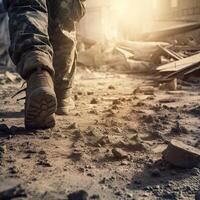 close up Illustration of a military man walking on an empty destroyed environment. Destruction, war scene. Smoke and fog. Sad combat feeling. photo