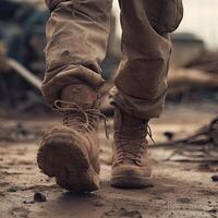 close up Illustration of a military man walking on an empty destroyed environment. Destruction, war scene. Smoke and fog. Sad combat feeling. photo