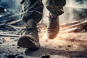 close up Illustration of a military man walking on an empty destroyed environment. Destruction, war scene. Smoke and fog. Sad combat feeling. photo