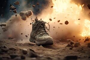 close up Illustration of a military man walking on an empty destroyed environment. Destruction, war scene. Smoke and fog. Sad combat feeling. photo