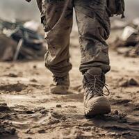 close up Illustration of a military man walking on an empty destroyed environment. Destruction, war scene. Smoke and fog. Sad combat feeling. photo