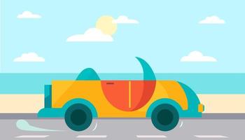 Summer travel brochure, vector flat graphic banner with vehicle and seashore on the background.