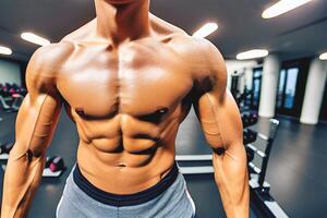 Acercamiento músculo hombre en gimnasio demostración abdominales, generativo ai foto