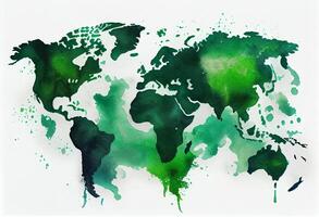 Illustrated map of the world with a isolated background. green heaven watercolor. Generate Ai. photo