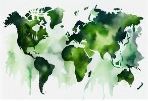 Illustrated map of the world with a isolated background. green heaven watercolor. Generate Ai. photo