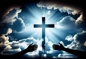 Worship concept. christian people hand in hand over cross on spiritual sky background . Generate Ai. photo