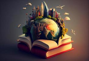 mundo en libros 3d ilustración. generar ai. foto