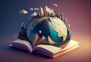 mundo en libros 3d ilustración. generar ai. foto