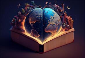 mundo en libros 3d ilustración. generar ai. foto