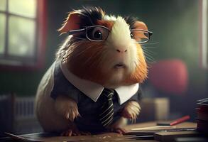 Portrait of an anthropomorphic guinea pig dressed as a schoolboy in a classroom. Generate Ai. photo