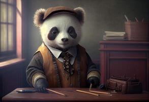 Portrait of an anthropomorphic panda dressed as a schoolboy in a classroom. Generate Ai. photo