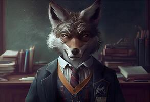 retrato de un antropomórfico lobo vestido como un colegial en un aula. generar ai. foto