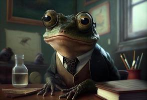 Portrait of an anthropomorphic toad dressed as a schoolboy in a classroom. Generate Ai. photo