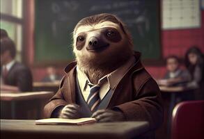 Portrait of an anthropomorphic sloth dressed as a schoolboy in a classroom. Generate Ai. photo