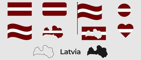 Flag of Latvia. Silhouette of Latvia. National symbol. Square, round and heart shape. The symbol of the Latvia flag. vector