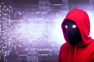 Mystery masked hacker wear red hoodie with digital technology background, photo