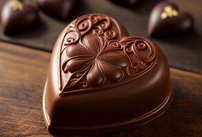 A beautiful heart-shaped chocolate is on a table. Generate Ai. photo