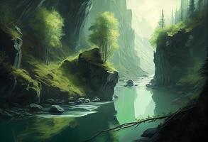un soñador verde río ilustración mano dibujado . generar ai. foto