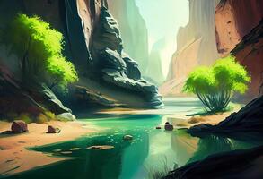 A Dreamy green River Illustration hand drawn . Generate Ai. photo