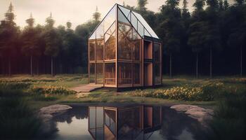 Glass house of the future made of wood and glass. Generate Ai. photo