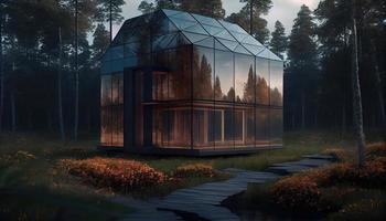 Glass house of the future made of wood and glass. Generate Ai. photo
