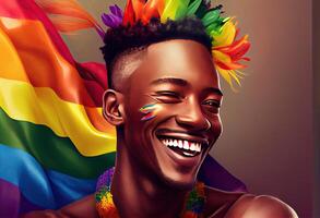 Happy African gay man celebrating pride festival - LGBTQ community concept. Generate Ai. photo