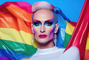 Slim extraordinary drag queen with makeup holding LGBT pride flag against blue background and looking at camera. Generate Ai. Generate Ai. photo