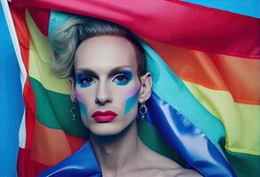 Slim extraordinary drag queen with makeup holding LGBT pride flag against blue background and looking at camera. Generate Ai. Generate Ai. photo