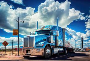 Semi Truck. Trucking and Shipping Theme. Generate Ai. photo