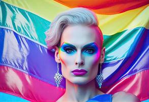 Slim extraordinary drag queen with makeup holding LGBT pride flag against blue background and looking at camera. Generate Ai. Generate Ai. photo