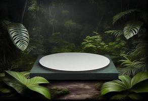foto tropical podio o plataforma para producto presentación monitor en selva paisaje. generar ai