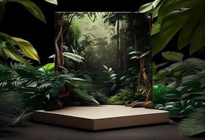 Photo tropical podium or platform for product presentation display in jungle landscape. Generate Ai