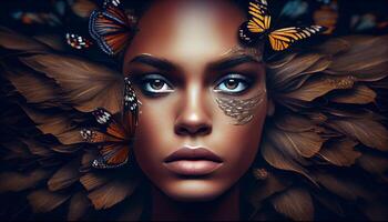 Woman's face sticking out in the middle of a full group of butterflies. Generate Ai. photo