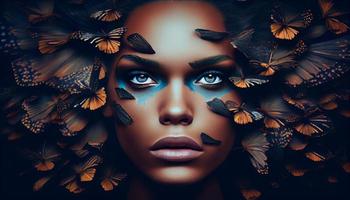 Woman's face sticking out in the middle of a full group of butterflies. Generate Ai. photo