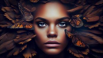 Woman's face sticking out in the middle of a full group of butterflies. Generate Ai. photo