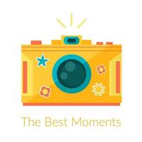 Vector photo camera illustration, bright retro camera with lens and buttons isolated on a white background.