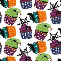 A pattern of cupcakes for Halloween. Pastries in the form of muffins with a spider and a web, a snake, a bat and stars. Cartoon vector. Wrapping paper for Halloween, cover, pattern, fabric. White vector