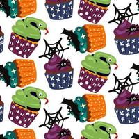 A pattern of cupcakes for Halloween. Pastries in the form of muffins with a spider and a web, a snake, a bat and stars. Cartoon vector. Wrapping paper for Halloween, cover, pattern, fabric. White vector