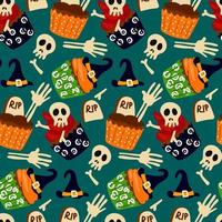 A pattern of cupcakes for Halloween. Baked goods in the form of muffins with a witch's hat, a grave, a skeleton, a skull. Cartoon vector. Wrapping paper for Halloween, cover, pattern, fabric. Blue vector